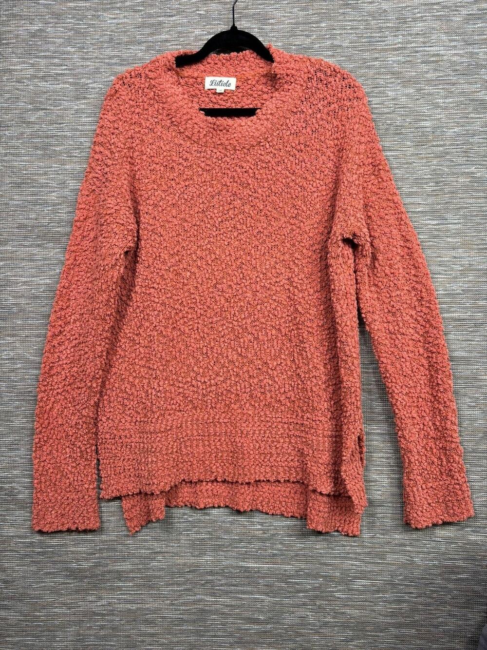 Listicle Sweater Womens Large Orange Textured Knit High Low Hem Pullover Mohair